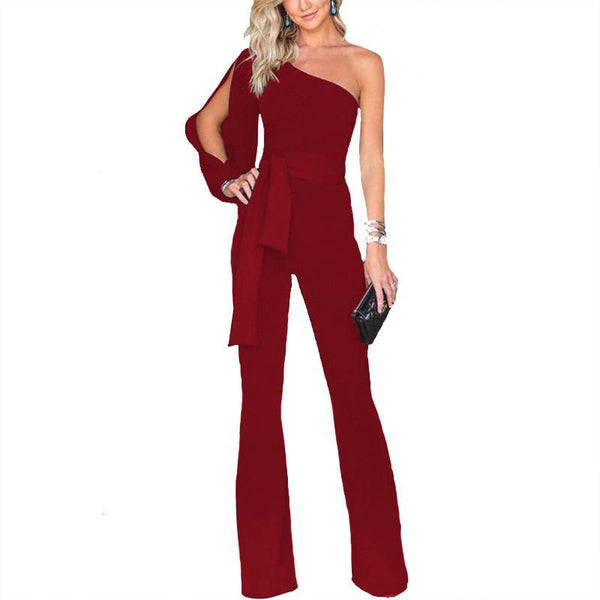 Solid Color One Shoulder Belted Jumpsuit Romper