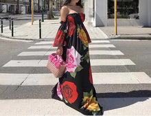 Load image into Gallery viewer, Black Rose Floral Strapless Off Shoulder Sleeve Big Hem Long Dress