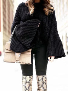 Loose Knitting Solid Color Flared Long Sleeves Sweater Tops