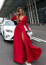 Load image into Gallery viewer, V Neck Long Sleeve Split Party Evening Maxi Dress