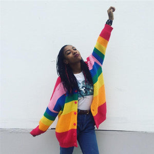Colorful Rainbow Striped Long Sleeve Button Cardigan Sweater