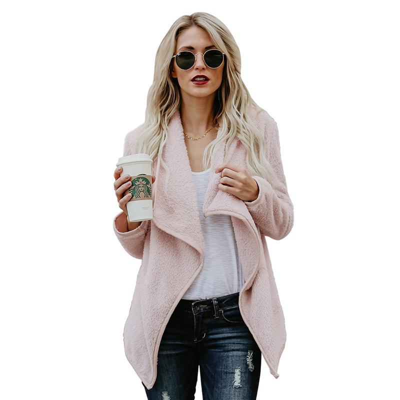 Women Winter Warm Fluffy Solid Color Long Sleeve Outwear