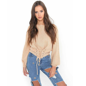 Solid Color Lace Up Pullover Sweater