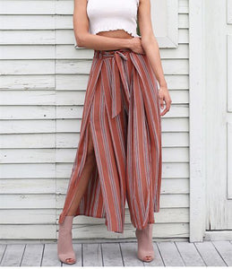 Casual High Waist Split Stripe Wide Leg Pants