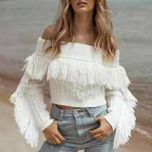 Load image into Gallery viewer, Tassel White Knitted Long Sleeve Sexy Pullover Short Sweater