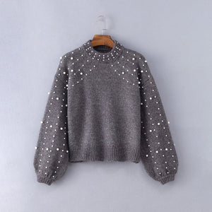 Bead Lantern Sleeve Knitted Sweater Pullover