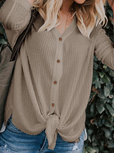 Knit V Neck Long Sleeve Solid Color Top Blouse