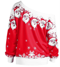 Load image into Gallery viewer, Santa Claus Print Oblique Shoulder Long Sleeve Tops