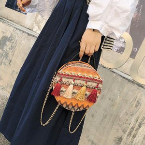 Autumn National Style Contrast Color Tassels One-Shoulder Crossbody Small Round Bag