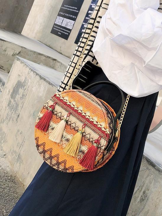 Autumn National Style Contrast Color Tassels One-Shoulder Crossbody Small Round Bag