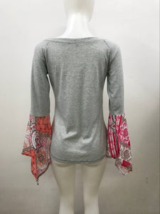 Autumn Solid Color Round Neck Long Sleeve Print Loose Stitching Top