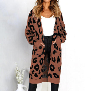 Long Sleeve Leopard Knit Loose Pocket Long Cardigan Coat