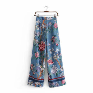 Autumn Bird Flower Print High Waist Side Zipper Loose Wide Leg Pants