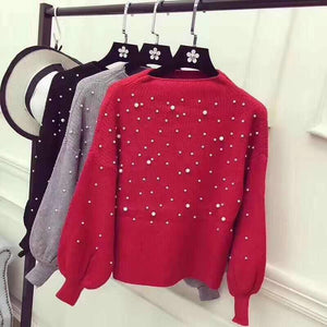 Casual Autumn Turtleneck Beading Knitted Pearl Pullover