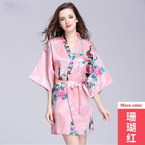 Silk nightgown women's summer mid sleeve peacock pajamas bathrobe large size home clothes 1
