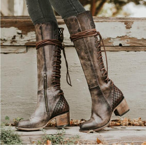 Boho Winter Low Heel Bandage Long Boots