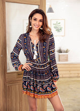 Load image into Gallery viewer, Bohemia Long Sleeve V-neck Floral Tassel Mini Dress