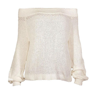 White Off Shoulder Puff Sleeve Autumn Knit Jumper Sweater