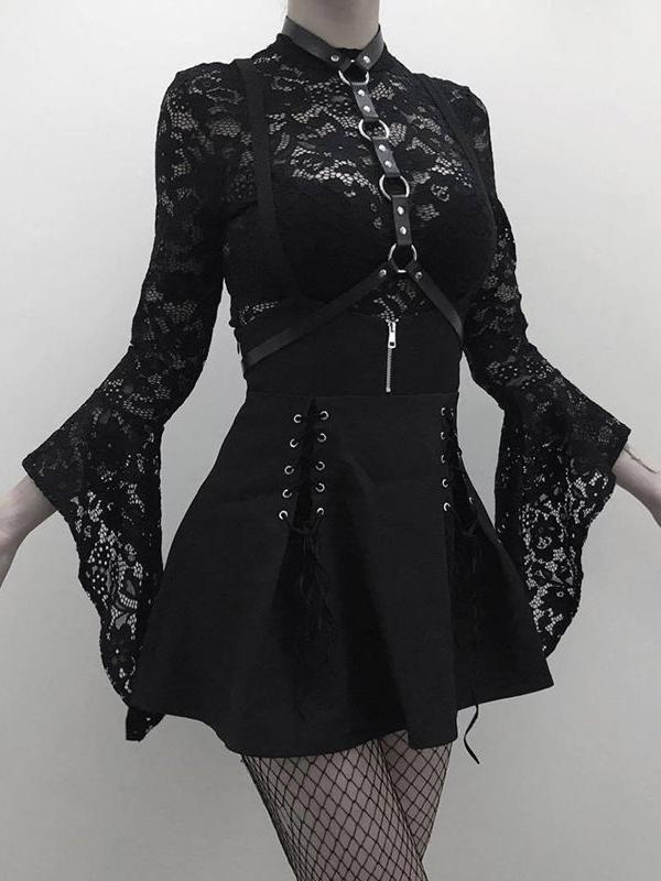 Woman Black Goth Sexy Lace Bodysuit Rompers A Line Skirt Suspender Lace Up See Through Club Wear