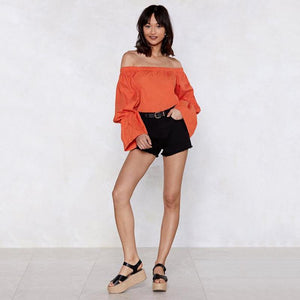 Bohemian Off-The-Shoulder Lantern Sleeves Solid Color Top