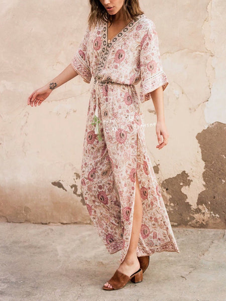 Bohemian V-Neck Retro Floral Wide Leg Jumpsuit