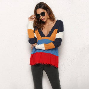 Split knit sweater v-neck knit sweater