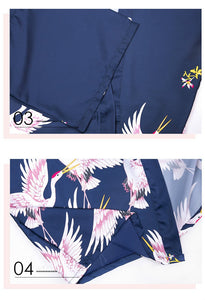 Silk Crane Pajama Girl Summer Mid Sleeve Bride Morning Robe Big Yard Home Robe Bathrobe