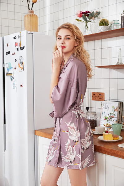 Silk Crane Pajama Girl Summer Mid Sleeve Bride Morning Robe Big Yard Home Robe Bathrobe color78