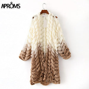 White Gray Patchwork Knitted Cardigan Women Elegant Hollow Out Long Sleeve Christmas Sweater Winter Fashion Outwear Coat