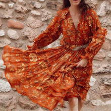 Load image into Gallery viewer, print frill dress women tiers V-neck long sleeve dress autumn  new boho dress