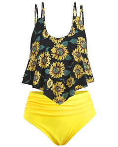 Summer High Waist Sunflower Print Split Swimsuit