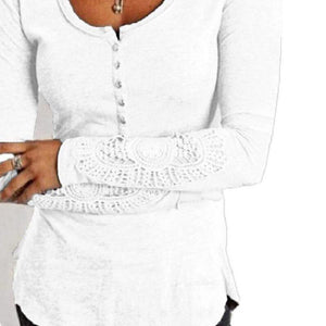 Fashion Women Spring Long Sleeve Button Tshirts Plus Size Sexy V-neck Hollow Out Lace T-Shirt Loose Casual Pullovers Tops