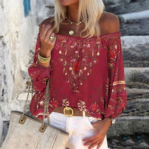 Floral Print Blouse Women Lace Thin Long Sleeve Off Shoulder Summer Tops Shirts