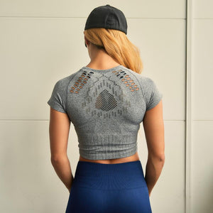 Grey Seamless Yoga Workout Top Shirts for Women Gym Crop Top Hollow Out Fitness Tops Shirts Crop Workout Top Running