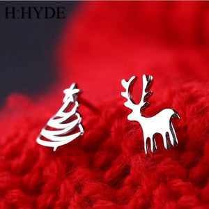 Cute Deer Christmas Tree Sliver Color Stud Earrings
