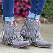 Load image into Gallery viewer, Women Slip On Retro Square Heel Solid Color Suede Boots Point Toe Tassel Shoes