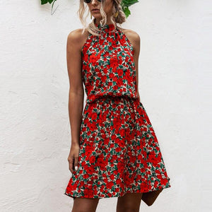 Summer Sexy Halter Lace Up Floral Sleeveless Print Mini Dress