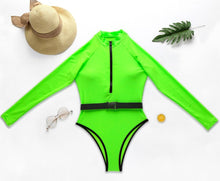 Load image into Gallery viewer, Long Sleeve Rash Guard Women Solid One Piece Swimsuit Fluorescent Green Swimwear Zipper Surfing Suit Belt Bath Suit UV Protect