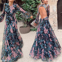Load image into Gallery viewer, Women Floral Vintage Long Sleeve Backless Long Maxi Dress