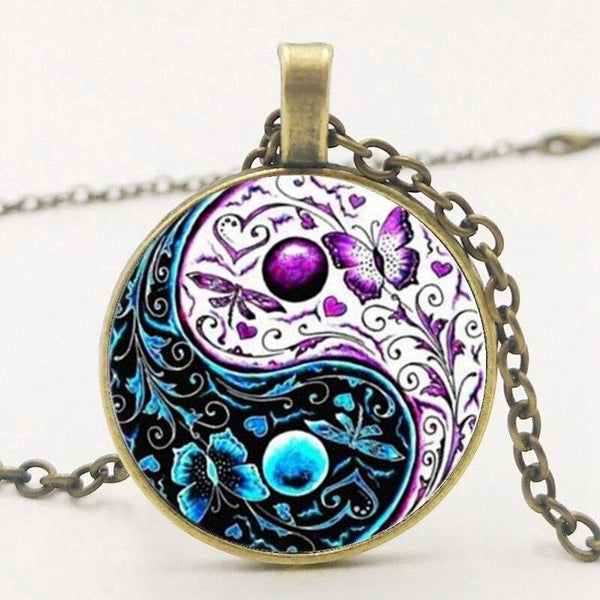 3 Colors Tibet  Cabochon Glass Pendant Chain Necklace Ying Yang Butterfly Gifts