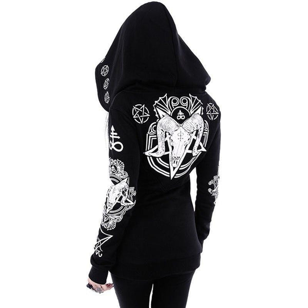 Women Plus Size Coat Punk Gothic Print Hooded Hipster Goth Dark Hoodies