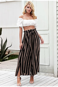 Casual High Waist Split Stripe Wide Leg Pants