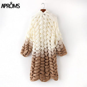 White Gray Patchwork Knitted Cardigan Women Elegant Hollow Out Long Sleeve Christmas Sweater Winter Fashion Outwear Coat