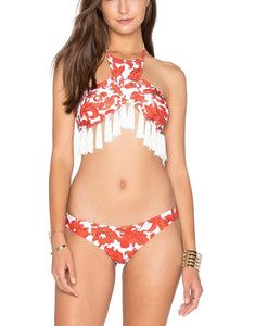 Fringe Tassel Floral Dots Leaves Pattern Bikini Set Swimsuit