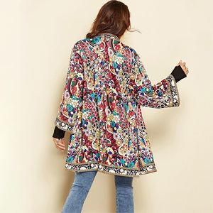 Ethnic Floral Spring Long Sleeve Side Split Casual Outerwear Retro Long Cardigan Jacket