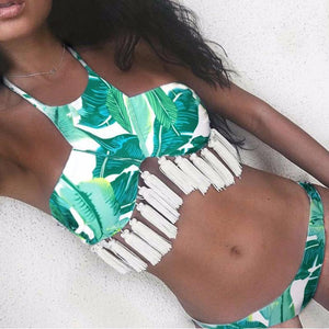 Fringe Tassel Floral Dots Leaves Pattern Bikini Set Swimsuit