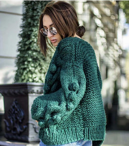 Autumn Winter  New European American Style Pure Hand-woven Ball Big Hemp Sweater Fashion Sweater Women Cardigans  V-Neck