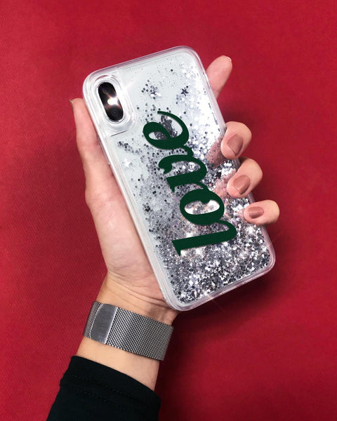 Personalized Custom Liquid Glitter Silver Name Text Soft Bumper Phone Case For iPhone