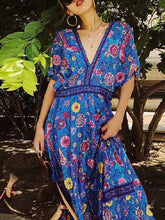 Load image into Gallery viewer, Exotic Floral Print V-neck Long Summer Kimono Sleeve Women Dress