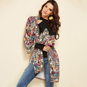 Ethnic Floral Spring Long Sleeve Side Split Casual Outerwear Retro Long Cardigan Jacket